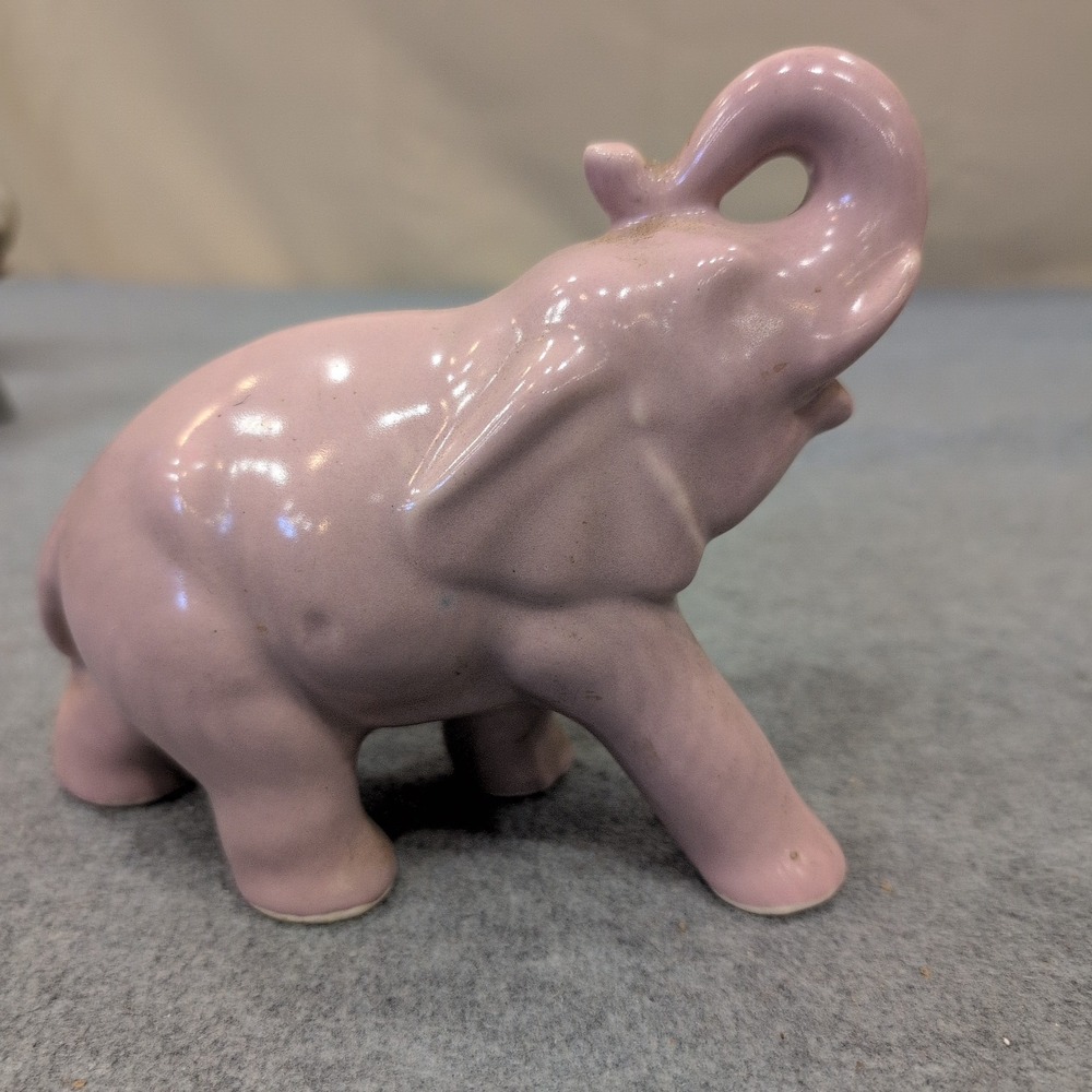 Vintage Pink Ceramic Elephant Figurine Trunk Up Good Luck Glossy Pottery Decor